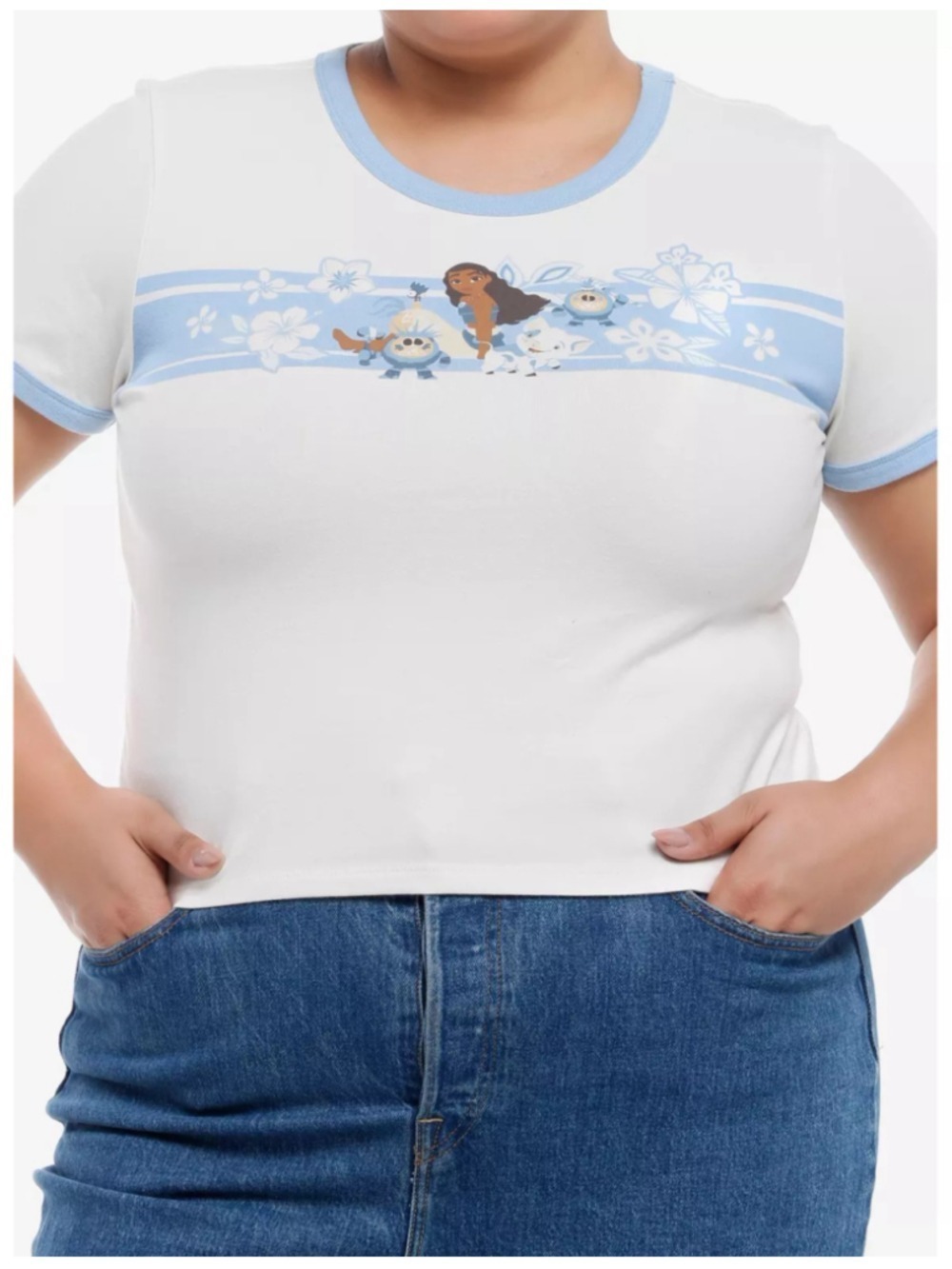Women's Disney Moana Ringer Baby Tee Plus Size 1X White Blue